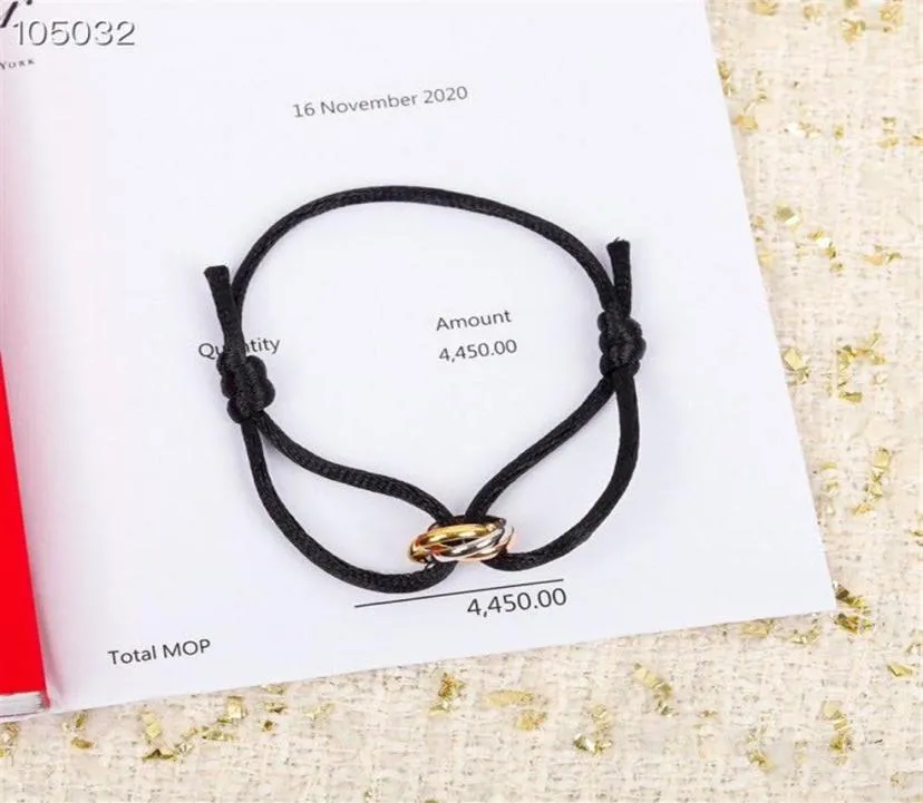 Bracelet de luxe Trinity Classic Designer S925 en argent sterling avec trois cercles ronds et double corde en tissu pour homme et femme8220385
