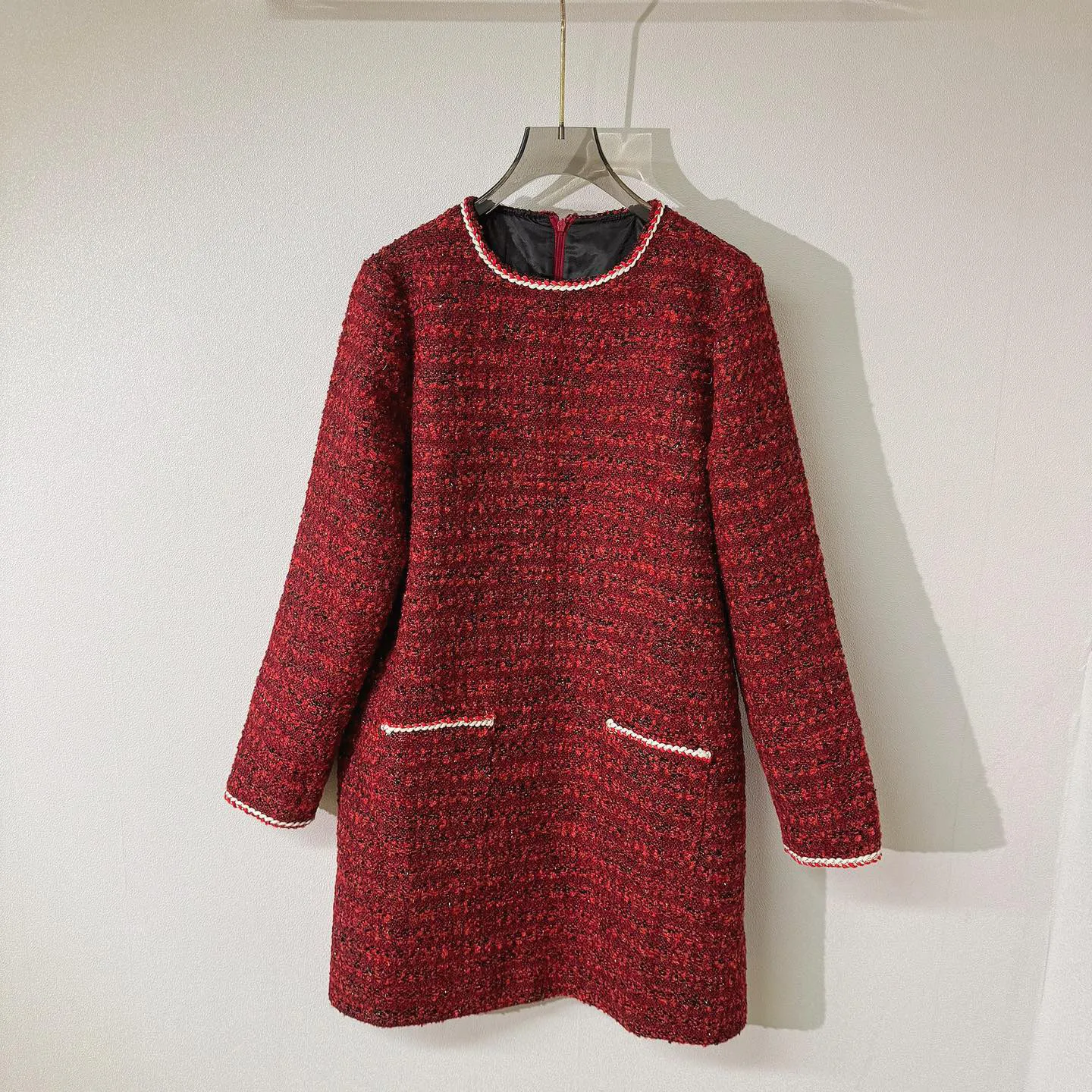 Damenkleider Rotes, langärmliges Patchwork-Minikleid aus Tweed mit Rundhalsausschnitt