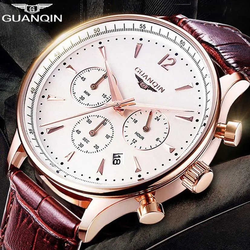 GUANQIN Montres pour hommes Top marque de luxe chronographe militaire Sport montre à quartz classiques hommes décontracté rétro bracelet en cuir montre-bracelet 2616