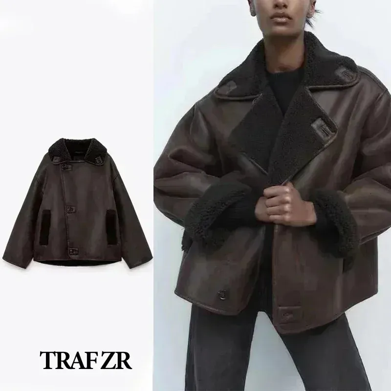 Traf Zr Matter d'hiver pour femmes épais fausses en cuir en cuir en fourrure de mouton à glissière zipper pu veste dame vestes de moto chaude 231227