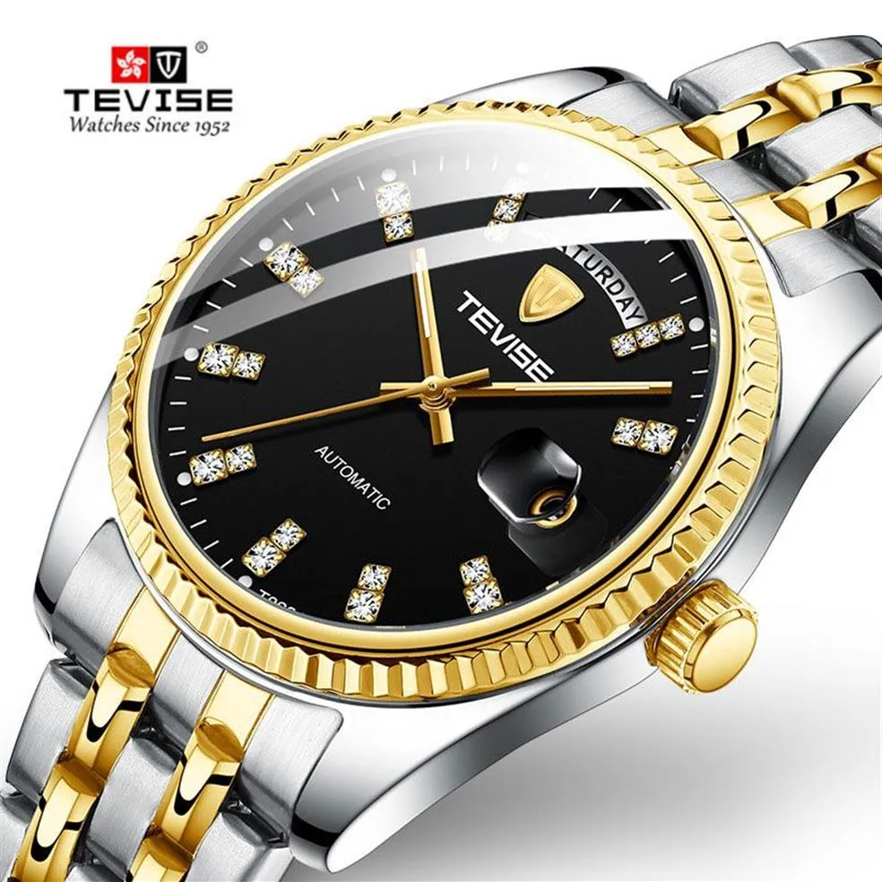 Tevise Männer Luxus Goldene Automatische Mechanische Uhr Männer Edelstahl Datum Business Armbanduhr Relogio Masculino233G