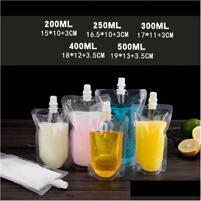 Otros Drinkware Drinkware 200-500 ml Stand-Up Plástico Bebida Bolsa de embalaje Bolsa de boquilla para bebidas Jugo líquido Leche Café Gota Delive DHR8E