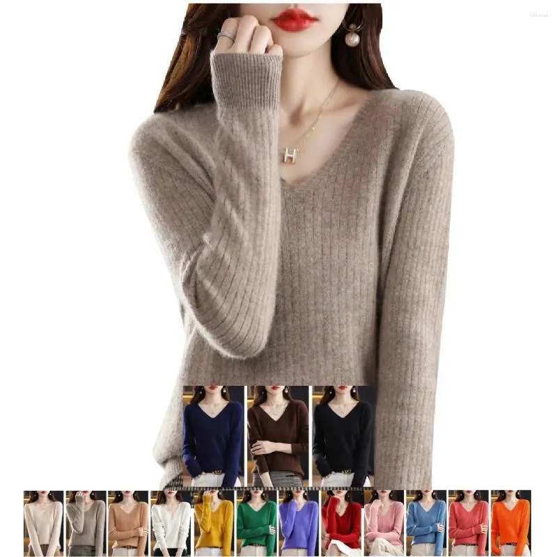 Women's Sweaters 2023 Autumn Winter Knitwear V-Neck Pullover Sweater Girl High Elasticity Long Sleeve Solid Fine Yarn Wool Undercoat