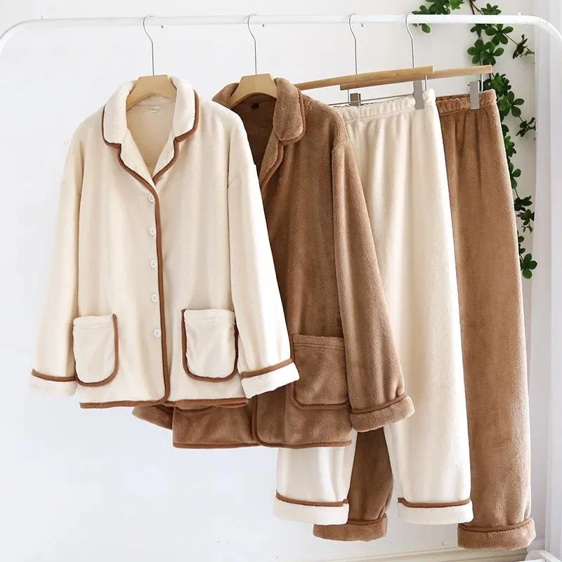 Women's Sleepwear Autumn Winter Warm Couple Pajamas Coral Fleece Thickened Fashion Cardigan Pajama Set Men Women Pockets Casual Loungewear