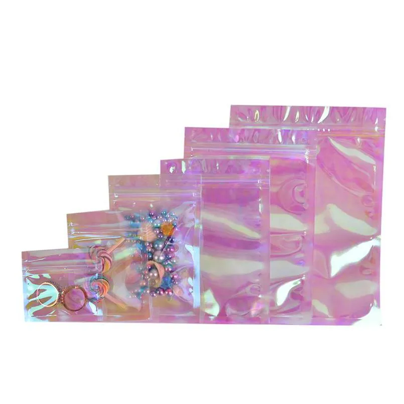 Borse da imballaggio Design creativo Arcobaleno Trasparente Sinfonia Borsa autosigillante Borse iridescenti Cerniera laser in plastica cosmetica all'ingrosso Lx3 Dhcvw