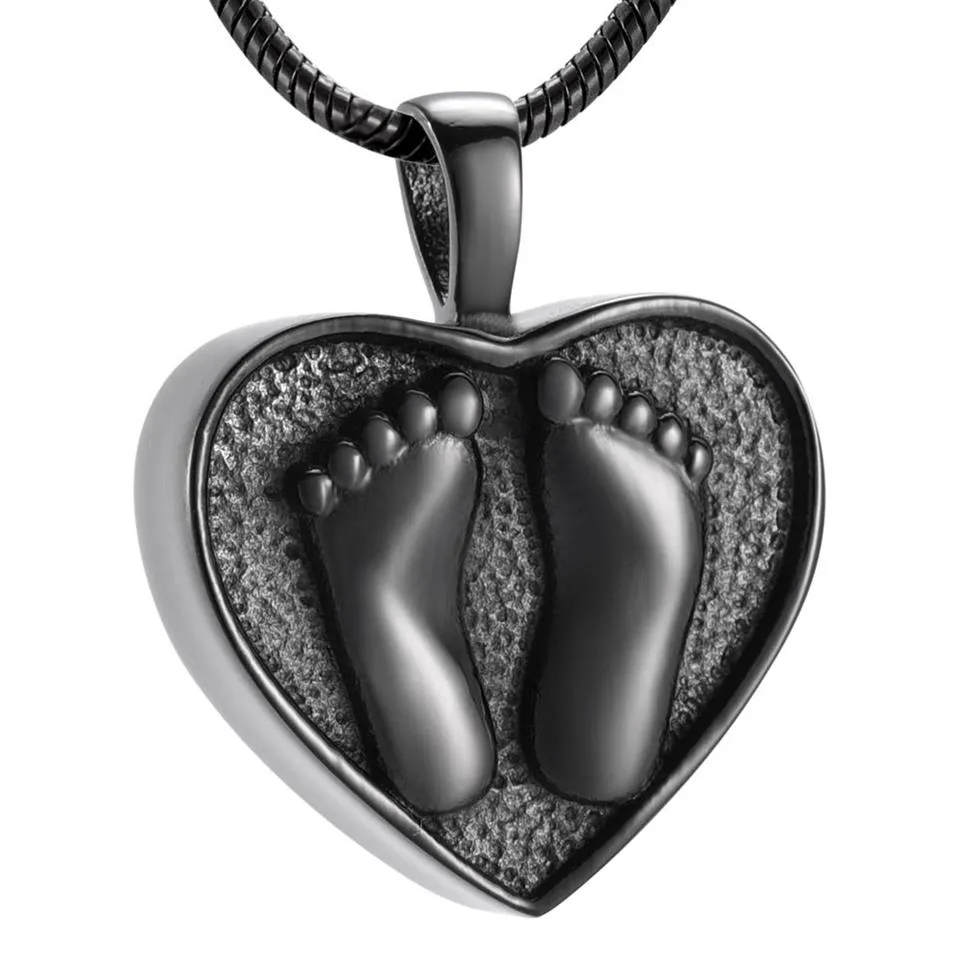Ijd10002 svart färg mänsklig fotgravering hjärtkremering hänge håller nära och kära aska rostfritt stål smycken begravningskista303d
