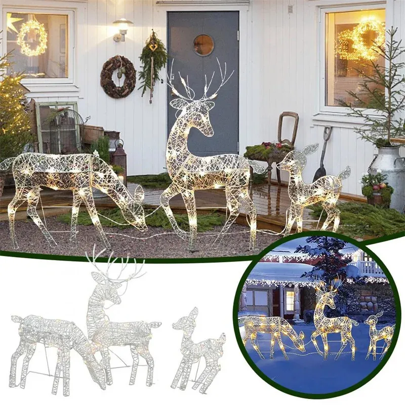 Iron Art Elk Deer Christmas Garden Decoration With LED Light Glowing Glitter Reindeer Xmas Home Outdoor Yard Ornament 231227