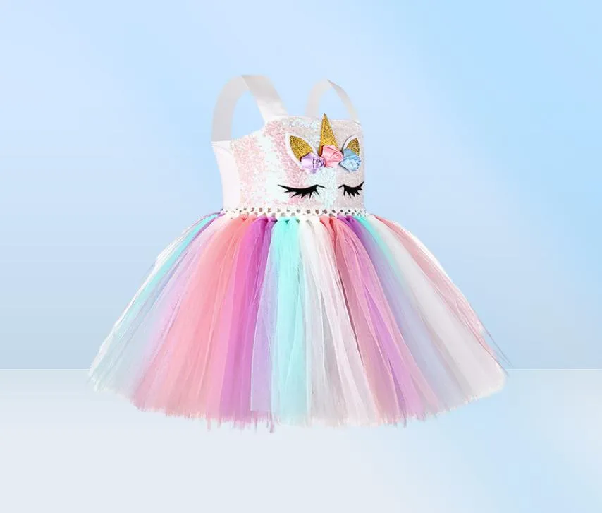 Ny Tutu -klänning med pannband för Girls Kids Unicorn Sequin Suspender Tulle Dress Party Costume Snabb Sändning7043138