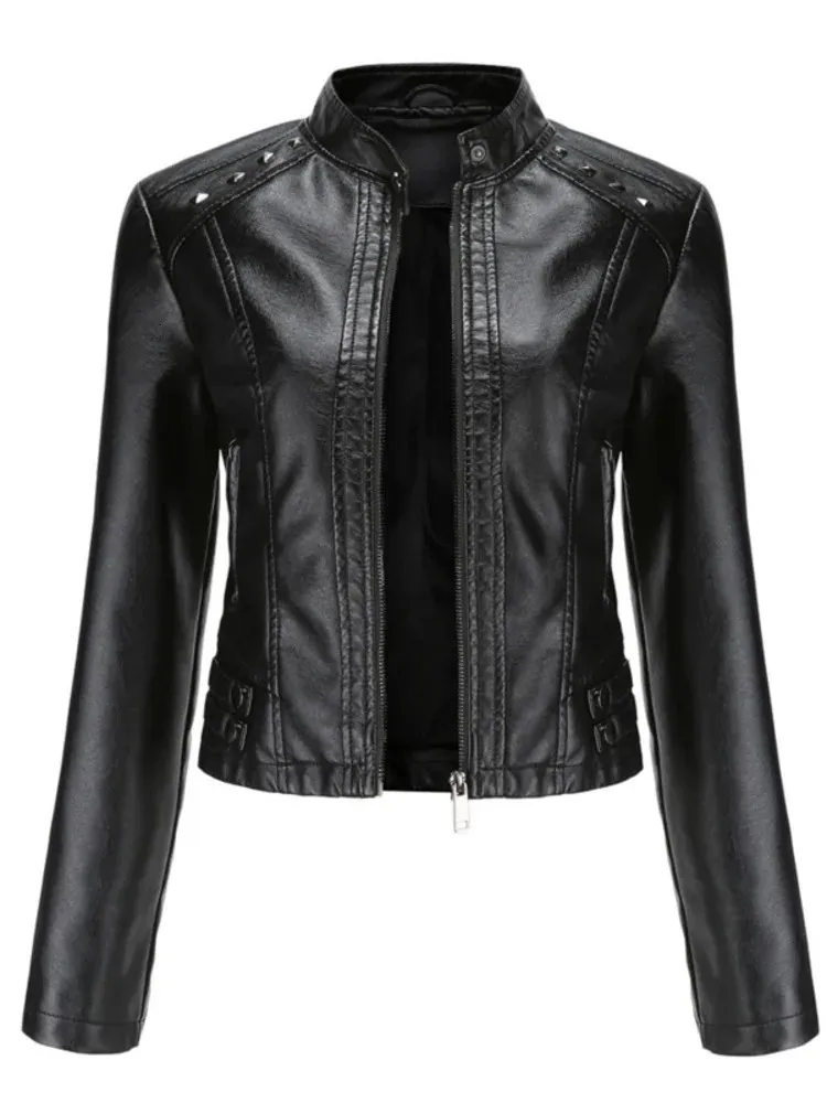 In Women Sring Autumn Black Faux Leather Jackets Zipper Rivet Short Basic Coat Fashion Slim Female Motor Biker Pu Jacket 231228