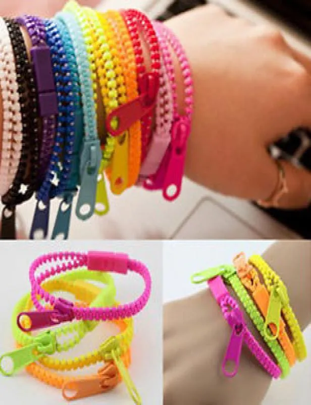 Ensemble de 10 pièces par lot 2015, nouveau bracelet à fermeture éclair, double couleur unique, bracelet à fermeture éclair en métal, bracelet créatif néon fluorescent 3695392