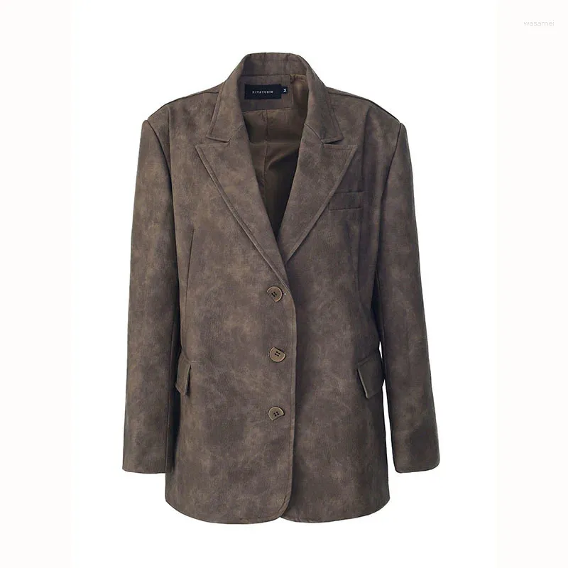 Skóra damska vintage brązowa sztuczna kurtka do mokree wiosenna jesienna obrońca na notowaniu długi rękaw dla żeńskich streetwear