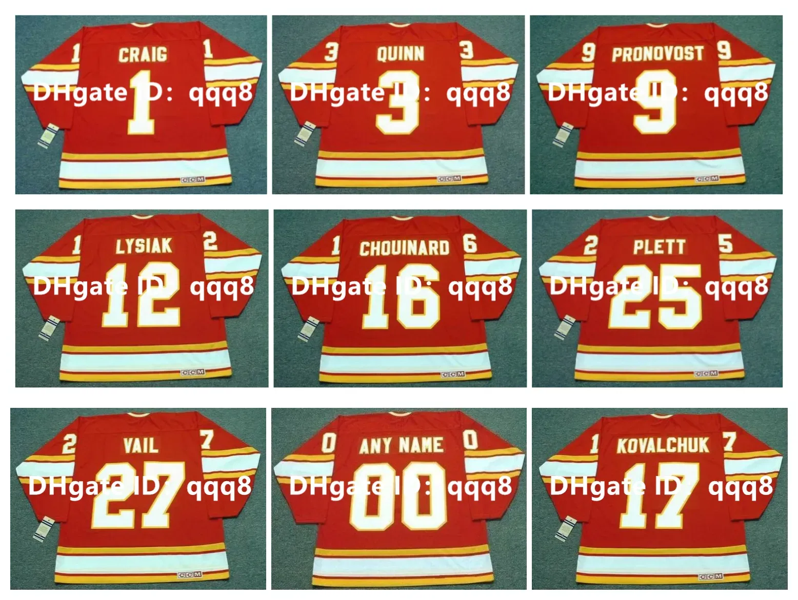 Vintage CCM Atlanta Hockey Jersey Flames 1 JIM CRAIG 3 PAT QUINN 9 JEAN PRONOVOST 12 TOM LYSIAK 16 GUY CHOUINARD 25 WILLI PLETT 27 ERIC VAIL