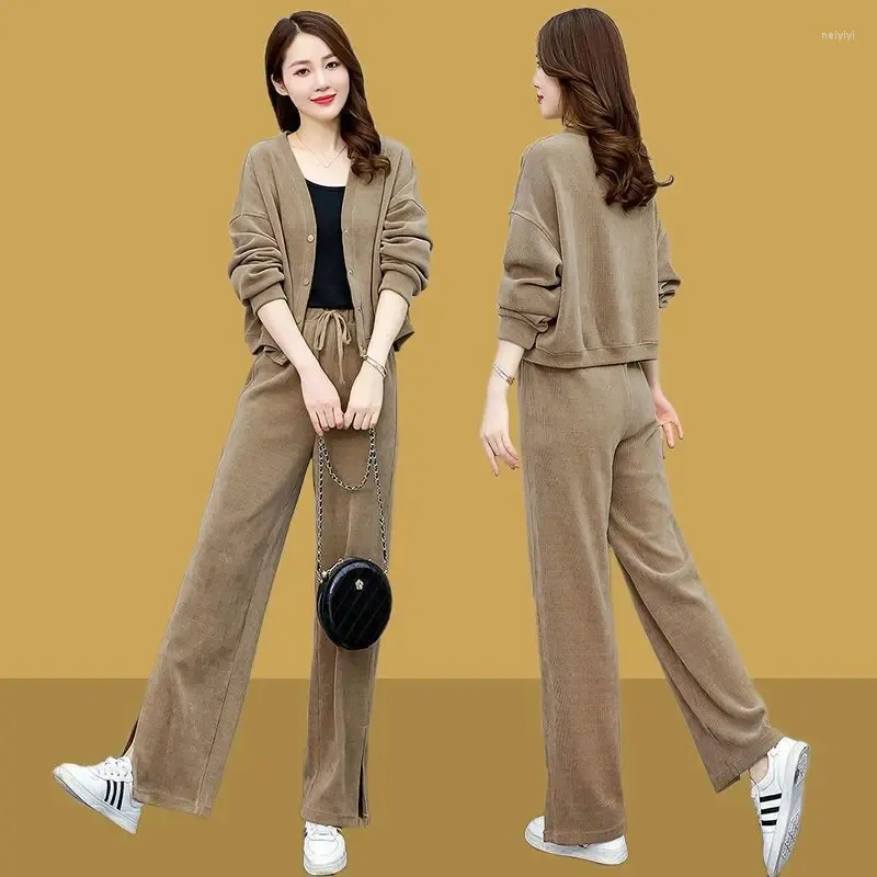 Women's Two Piece Pants Sports Suit 2023 Autumn Winter Corduroy Coat Loose And Slimming V-neck Top Straight Wide Leg Set