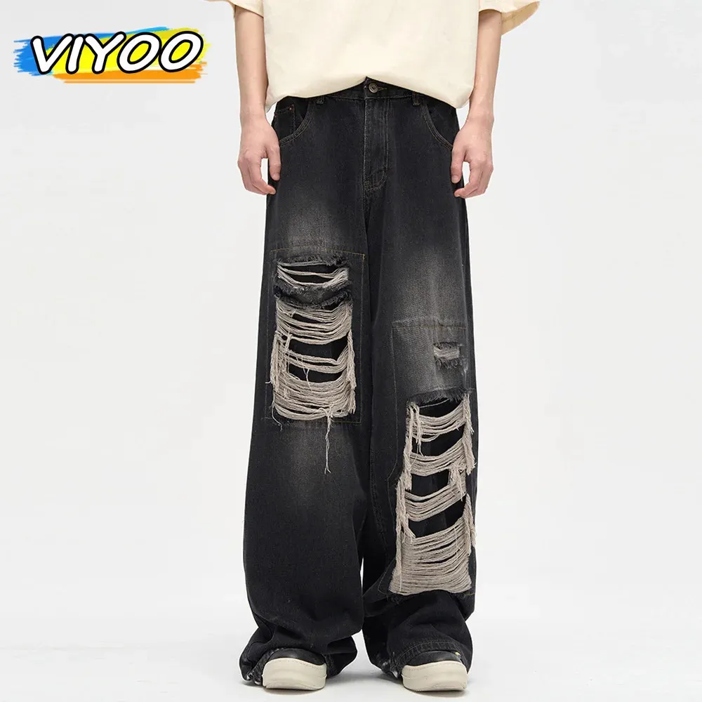 Black Ripped Wide Leg Jeans: Baggy Harajuku Denim Cargo Pants for