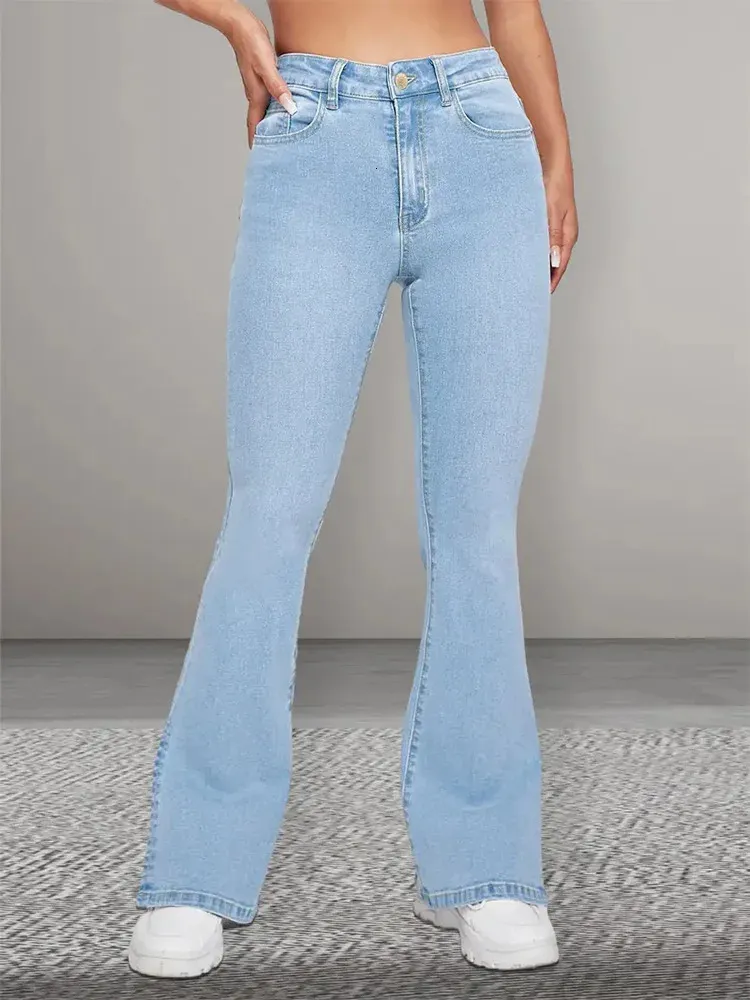 2024 Elegant kvinnor flare stretch jeans hög midja fast ljus blå denim byxor kvinnor mustasch effekt mamma 231228