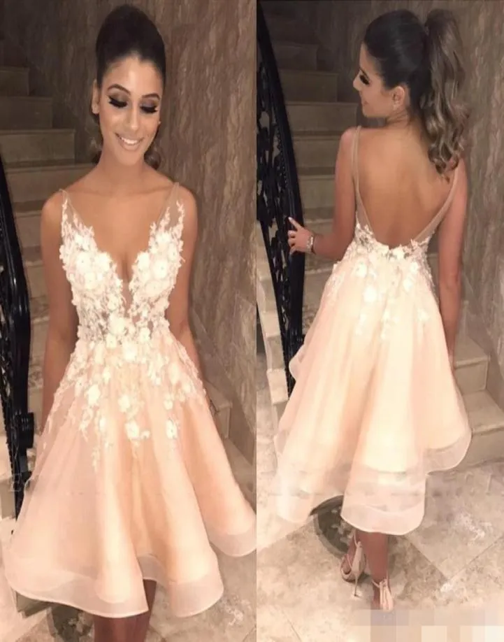 Sexy Rückenless Champagner Partykleider gegen schiere Nackenriemen 3d Blumenapparat Cocktail Eevning Kleid Heimkehr formelle Verschleiß Custom 5308064