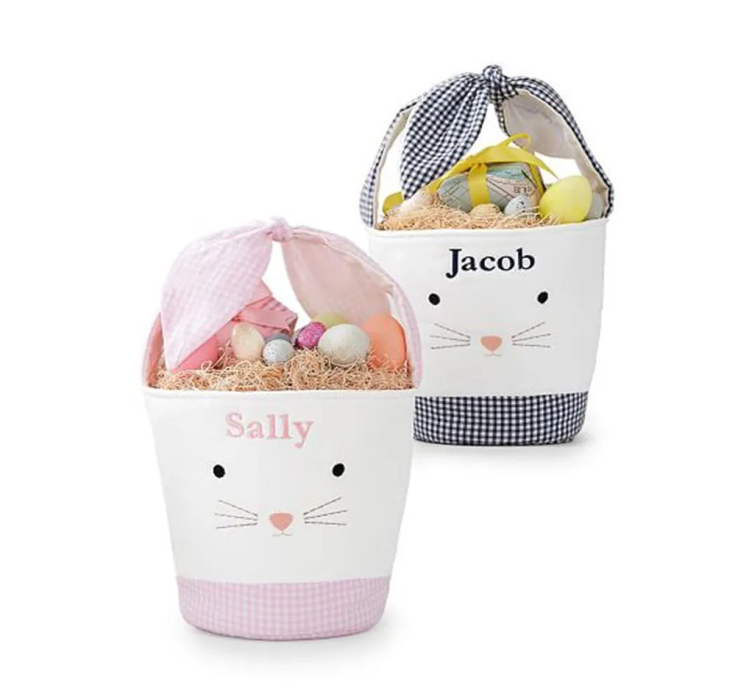 Easter Bunny Bags Barrel Bucket Basket Plaid Patchwork Cartoon Rabbit Ear Bowknot Canvas Tygväska Nyårsgåvor Egg Candies Handb9771123