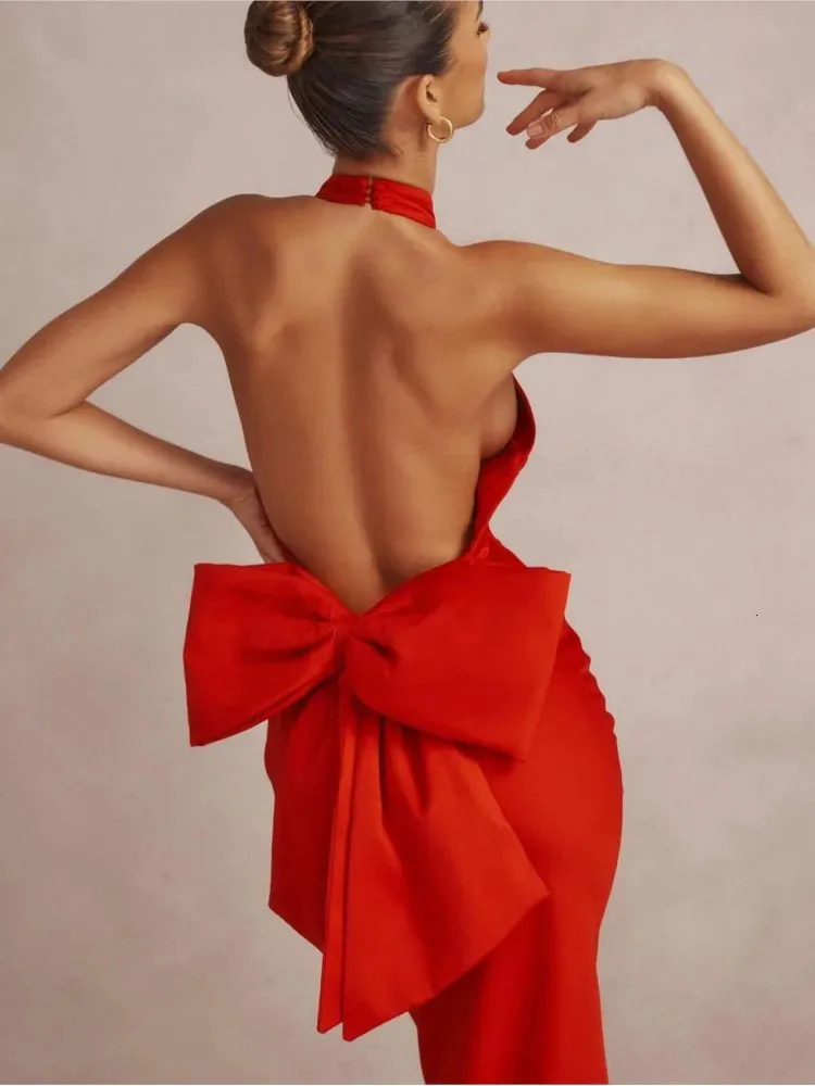 Elegant Red Satin 3D Bow Backless Maxi Dress for Women Off Axel Sleeveless Halter Dresses Winter Female Party Club Sexig Robe 231228