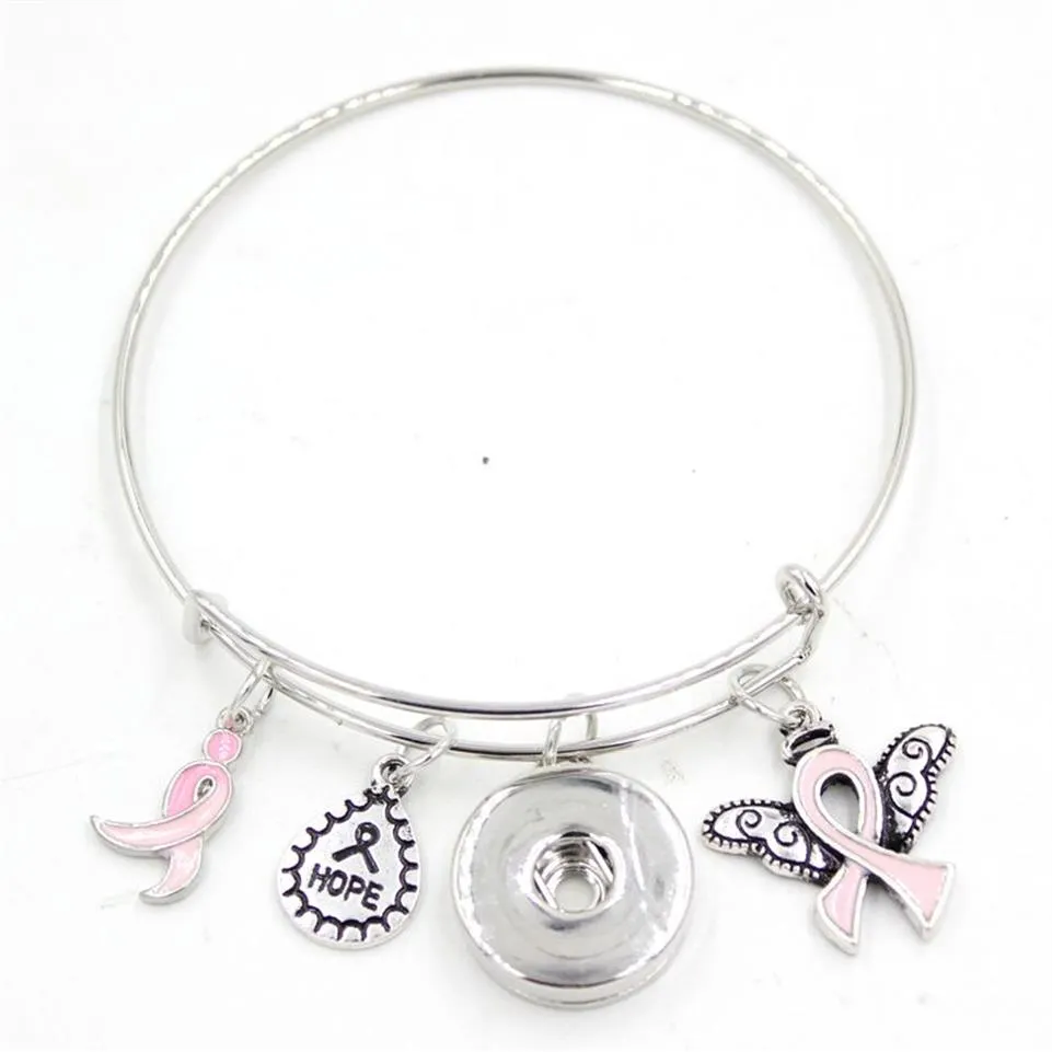 وصول جديد Snap Jewelry Hope Ribbon Breast Cancer Awayless Pink Ribbon Angel Wing Charm سلك سلك قابل للتعديل قابلاً للتعديل سلك سلكي 243 فولت