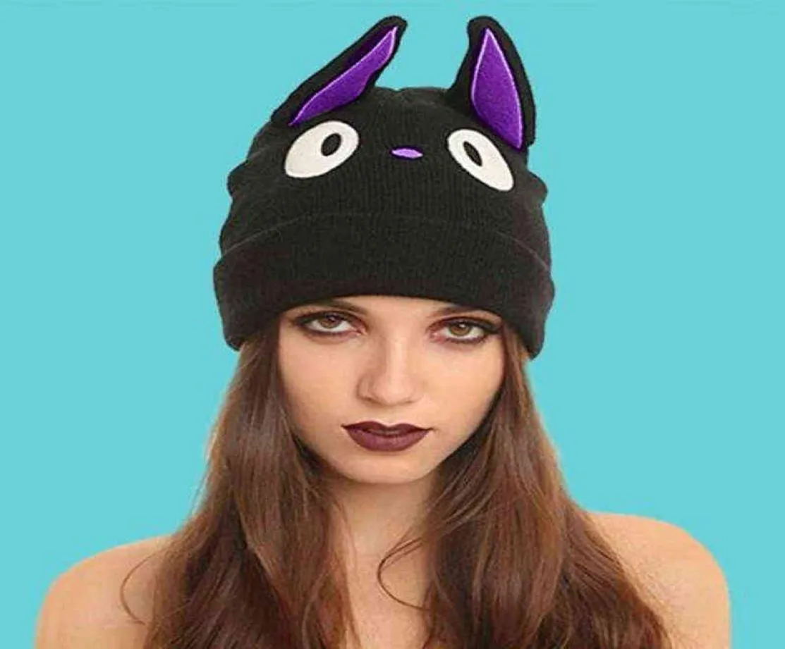 Tecknad söt anime kiki039s leveransservice katt jiji svart katt beanie vinter varm ull blandar mjukt varmt stickat hatt6828620