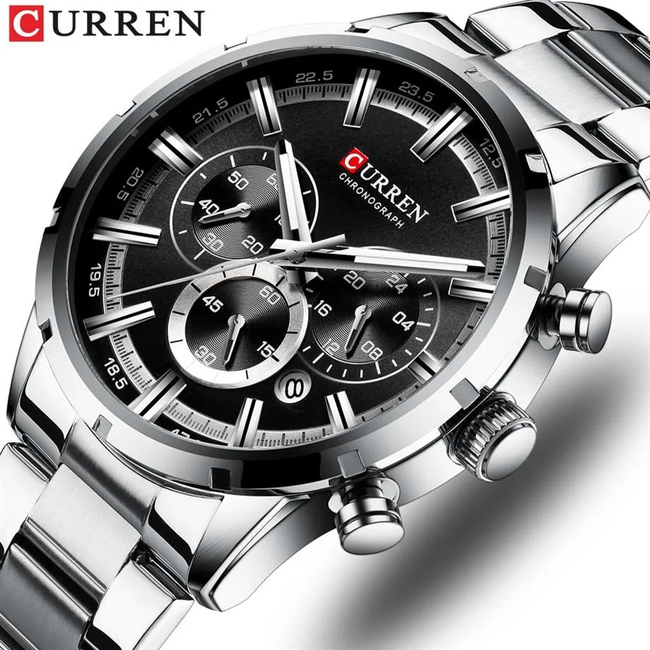 Curren Luxury Fashion Quartz tittar på klassiska silver- och svarta klocka Male Watch Men's Wristwatch med kalenderkronograf217a