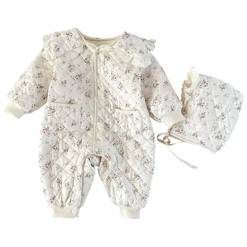 Vinter baby flickor romper hatt set blommig plysch onesie päls foder småbarn kläder tjockna spädbarn jumpsuit söta barn kostym 231227