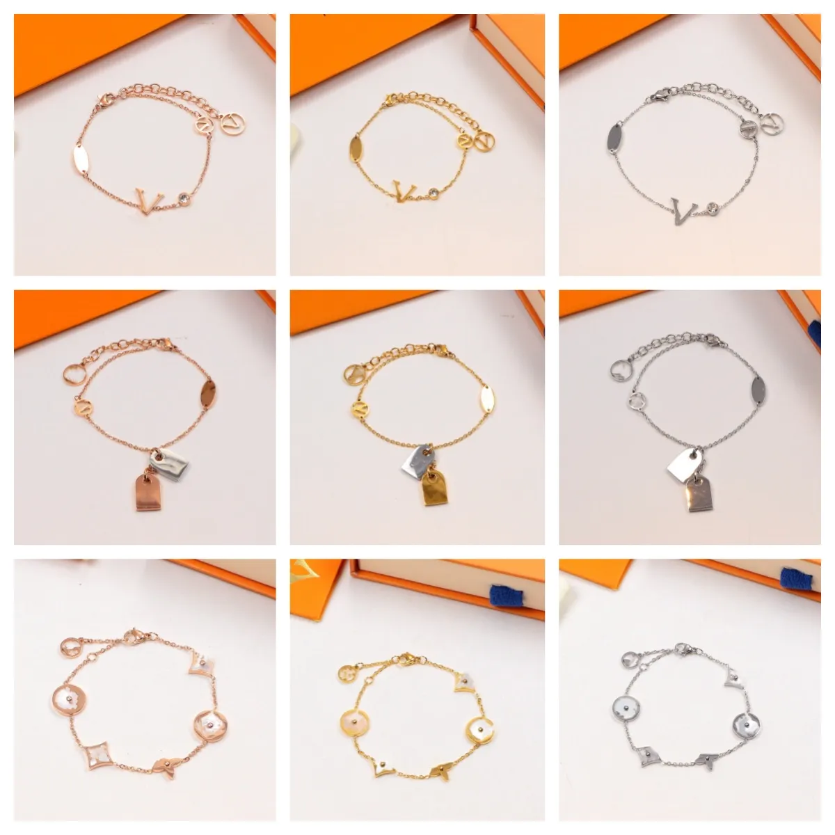 Varios brazaletes de diseño clásico Brazalete Titanio Acero Oro Plata Pulseras con dijes Chapado en oro de 18 quilates Mujeres Joyas con letras de diamantes