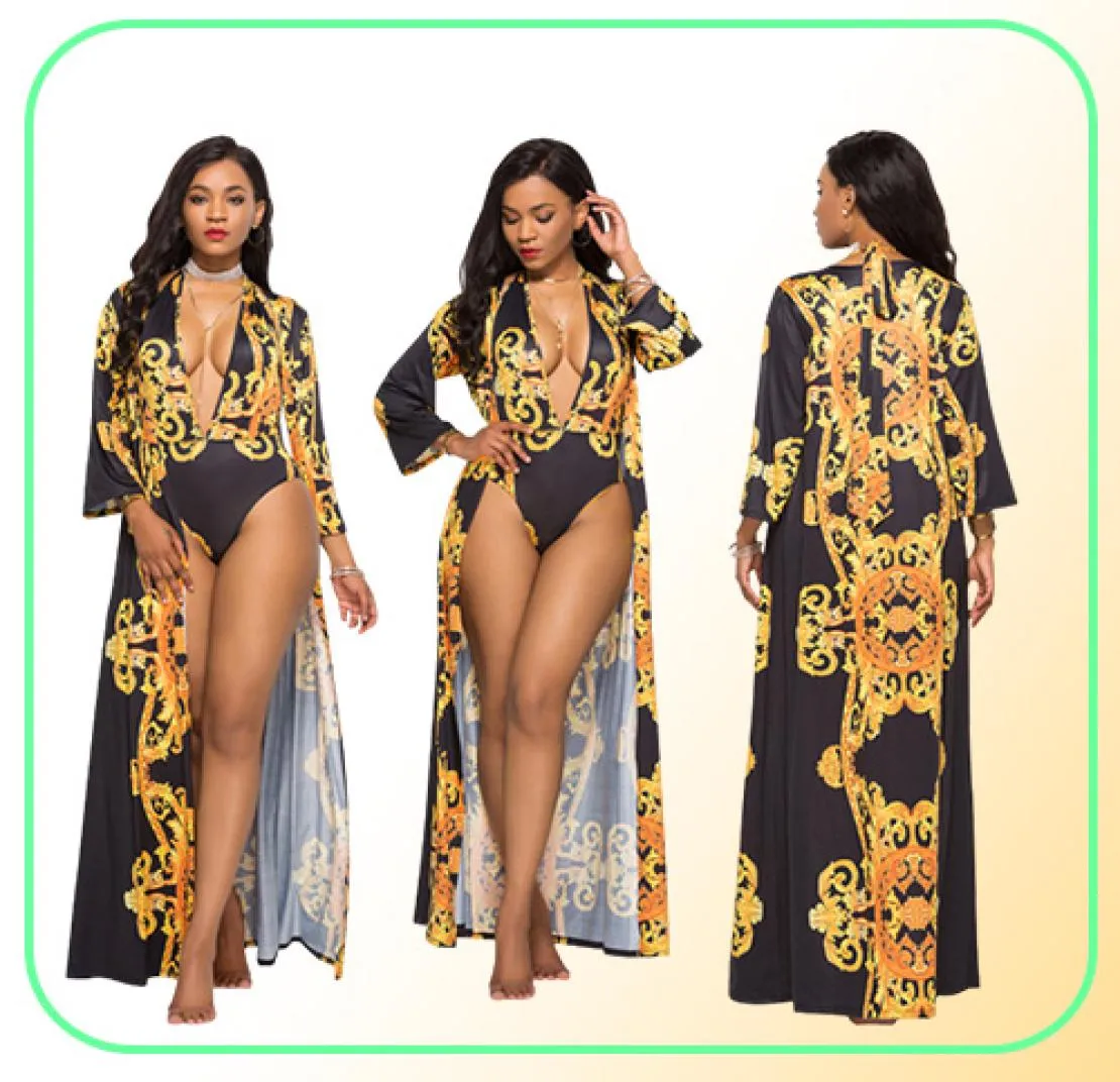 Sexy Printing Long Sleeve Cover up women s designer bathing suit Two Piece Set One Piece v neck Swimsuit sexy swimwear9808648