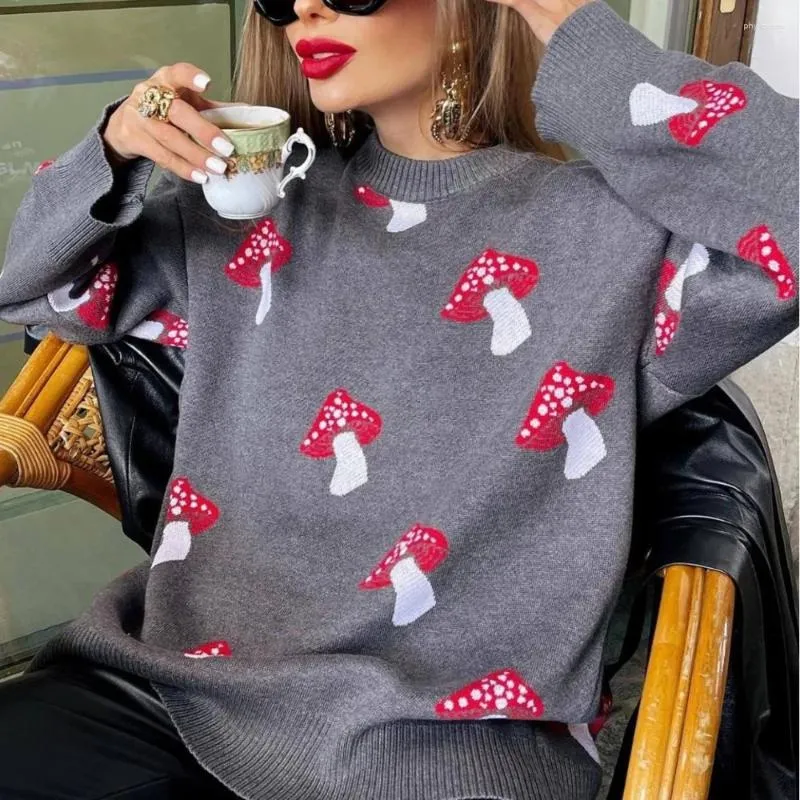 Women's Sweaters Ins Style Fashionable Mushroom Jacquard Sweater Autumn And Winter Loose Contrast Color Pullovers Jacket