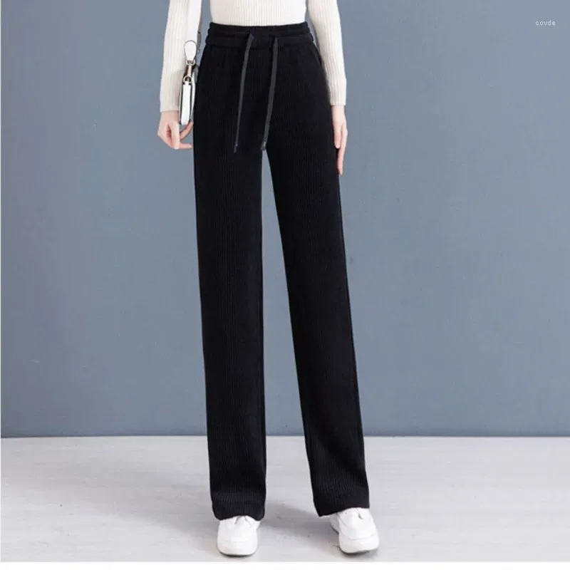 Women's Pants Autumn And Winter Elegant Solid Color Screw Thread Elastic Lace Up High Waist Pocket Long Casual Loose Wide Leg