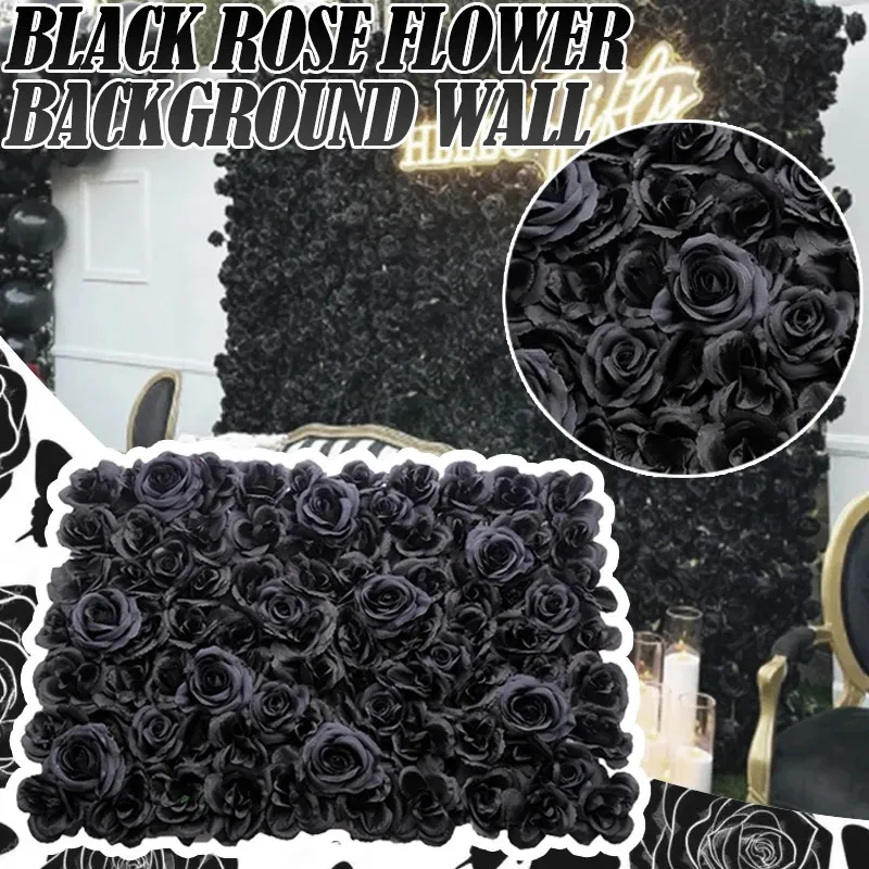 40x60cm Silk Rose Backdrop Wall Panel Wedding Decoration Artificial 3D Black Flower Decor Background Home Baby Shower Backdrops 231227