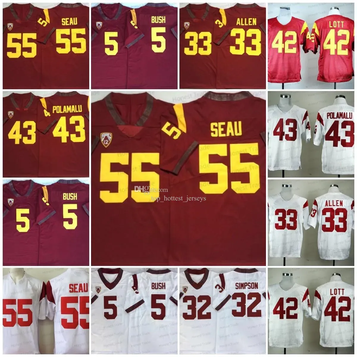 13 Калеб Уильямс USC College Footbalt Jersey 42 Ронни Лотт 3 Маркус Аллен Уайт 32 OJ Simpson Red 55 Junior Sea 5 Реджи Буш Менс Джерси Джерси