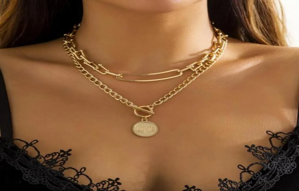 Europe Hip Hop Street Cool Girl LOVE Pendants Solitaire Necklace Double Layer U-Shape Gold Color Link Chains Longer Than 50cm Length Alloy Chains for Neck7263639
