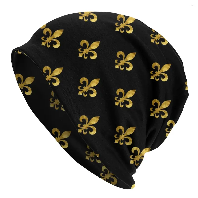 Boinas Lujo Royal Golden Fleur De Lis Lily Flower Bonnet Homme Street Knitting Hat Otoño Invierno Cálido Símbolo antiguo Gorros Gorras