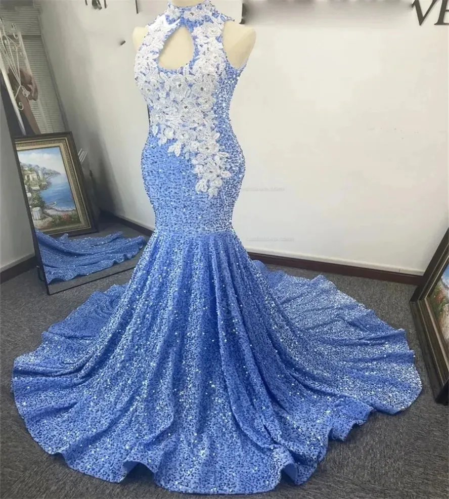 Womens Sparkle Sky Blue Sequin Mermaid Prom Dress with Lace Appliques and  Sweep Train Evening Gown from Dhgate Prom Dresses - price 115.58