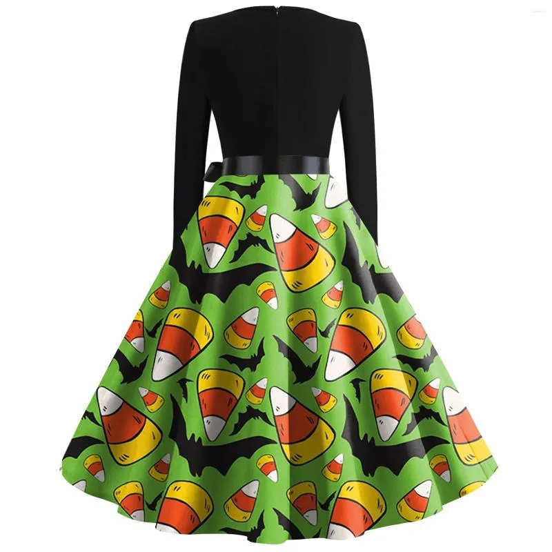 Casual Dresses Women'S Fashionable Round Neck Halloween Printed Dress With A Waist Up Green Hem And Bat Pattern Long Skirt Costume