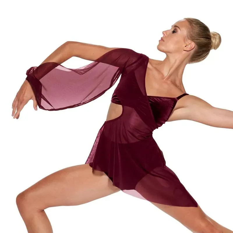 Palco desgaste MiDee 3 peça conjunto de dança lírica terno veludo top e curto com assimetria slipt longo puff manga malha vestido ballet traje bj