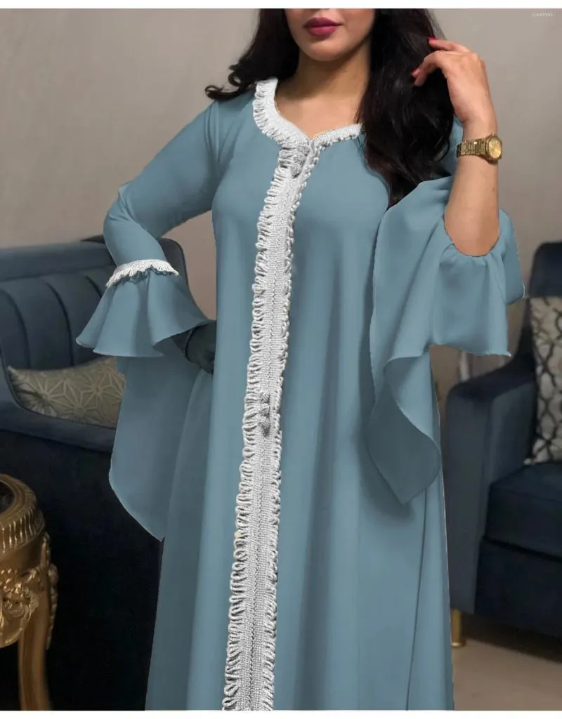 エスニック服フリルスリーブドレス刺繍レーストリミングアバヤ女性イスラム教徒ビッグスイングル​​ーズローブドバイソリッドジラバイスラムイスラム長いカフタン