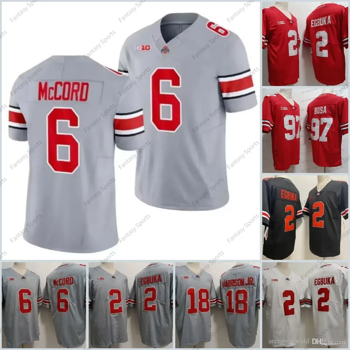 Ohio State Buckeyes 18 Marvin Harrison Jr Grey Football Jerseys 6 Kyle McCord Emeka Egbuka Joey Bosa Chemises masculines cousues Gris blanc rouge