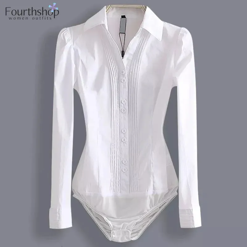 2023 mode bodysuit långärmad kvinnor kroppskjorta kontor lady arbets uniformer vår vita blusar och toppar smala höstkläder 231227