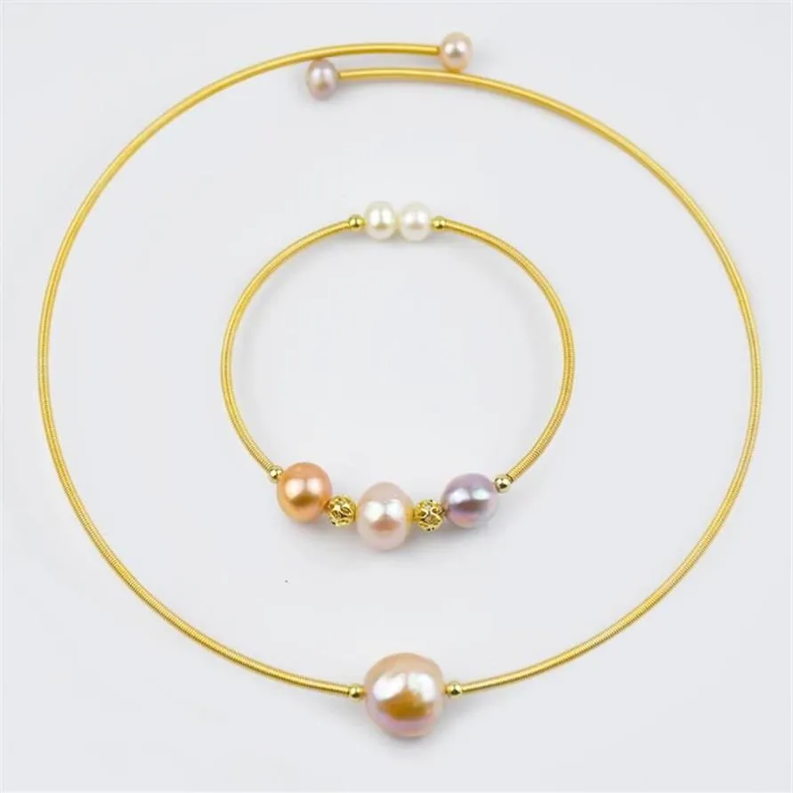 Pendant Necklaces Freshwater Pearl Choker And Bangle Set Delicate 14K Gold Color Solid Easy Wearing Jewelry For Women234f