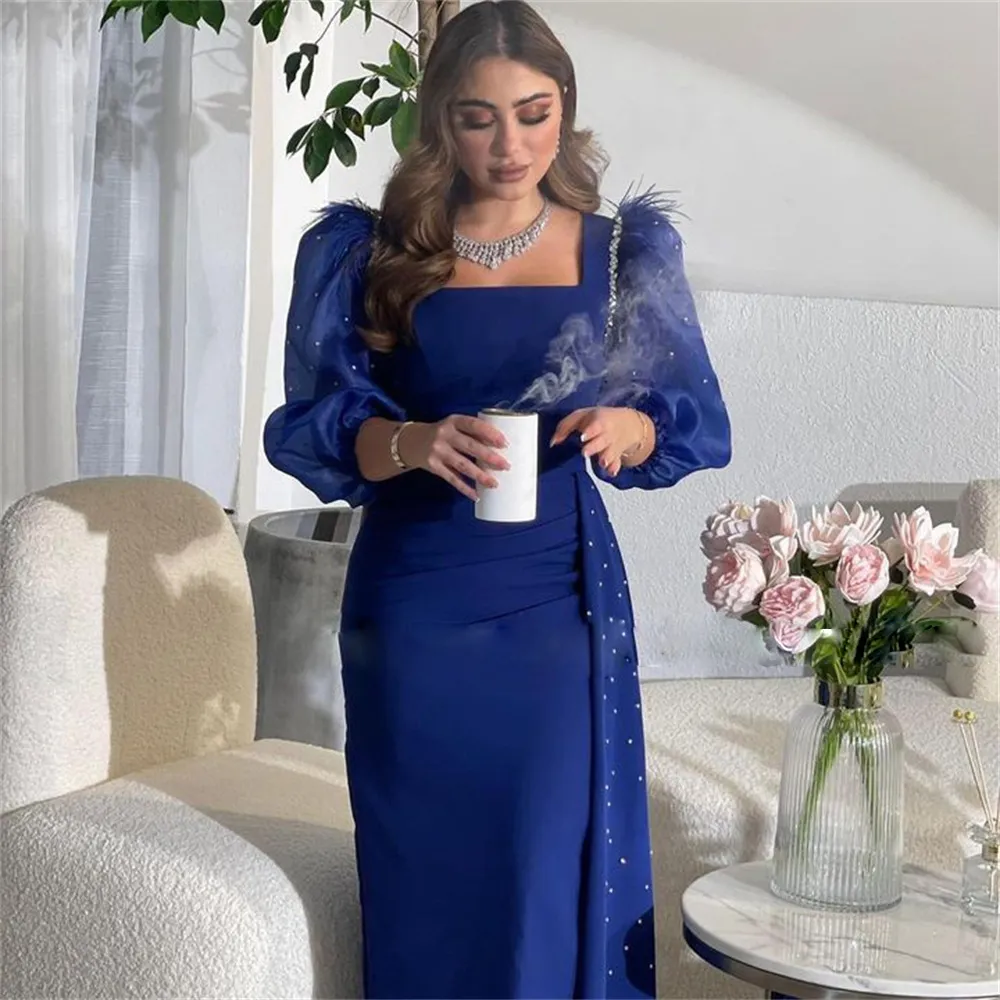 Vestidos de noche azules con cuentas de cuello cuadrado Camino hinchado Longitud de recompensas 2024 Featina de sobrepesca Dubai Vestido formal