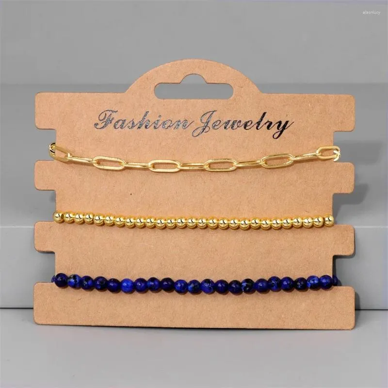 Charm Bracelets 3pcs/set Fashion Men's Natural Stone Lapis Lazuli Beaded Gold Color Beads Chain Bohemian Jewelry