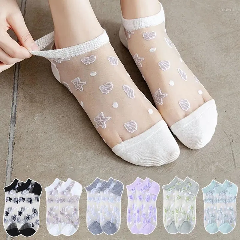 Femmes chaussettes 5 paires/lot bateau été mince mode respirant Kawaii chaussette cristal verre soie confortable doux fille cheville Sox Meia