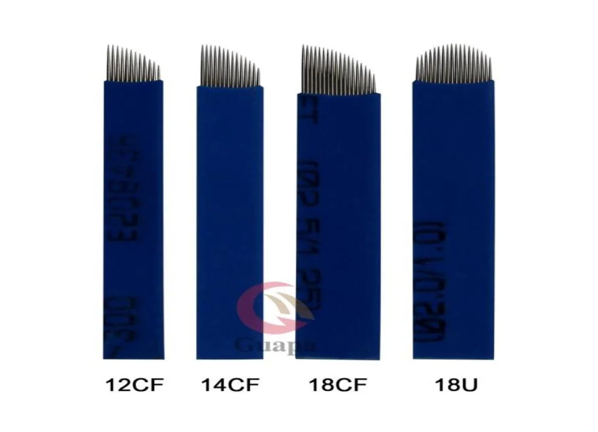 018 mm Blue Flex Microblading-wenkbrauwnaalden Handmatige tattoo-pennaaldenblad met 12 14 18 18U-pinnen voor 3D-wenkbrauwborduurwerk9358207