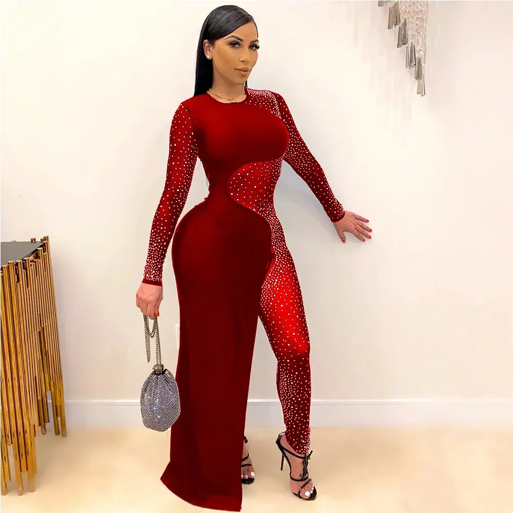 Bandage Long Sleeve Diamonds Mesh Female Clothing Streetwear Jumpsuits Sexig outfit Night Club Party Suits Födelsedag för kvinnors 231227