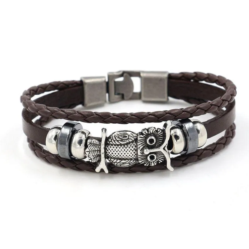 Braccialetti con ciondoli Aggiornamento Gufo Antico Bracciale Sier Tessuto Mtilayer Braccialetti in pelle avvolgente Bracciale polsino per donna Uomo Dhgarden Dhb9J