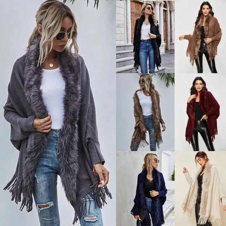 Scarves Solid Color Pashmina Cape Tassel False Fur Collar Cardigan Shawl Women Autumn Winter And Wraps Chal Soft Echarpes