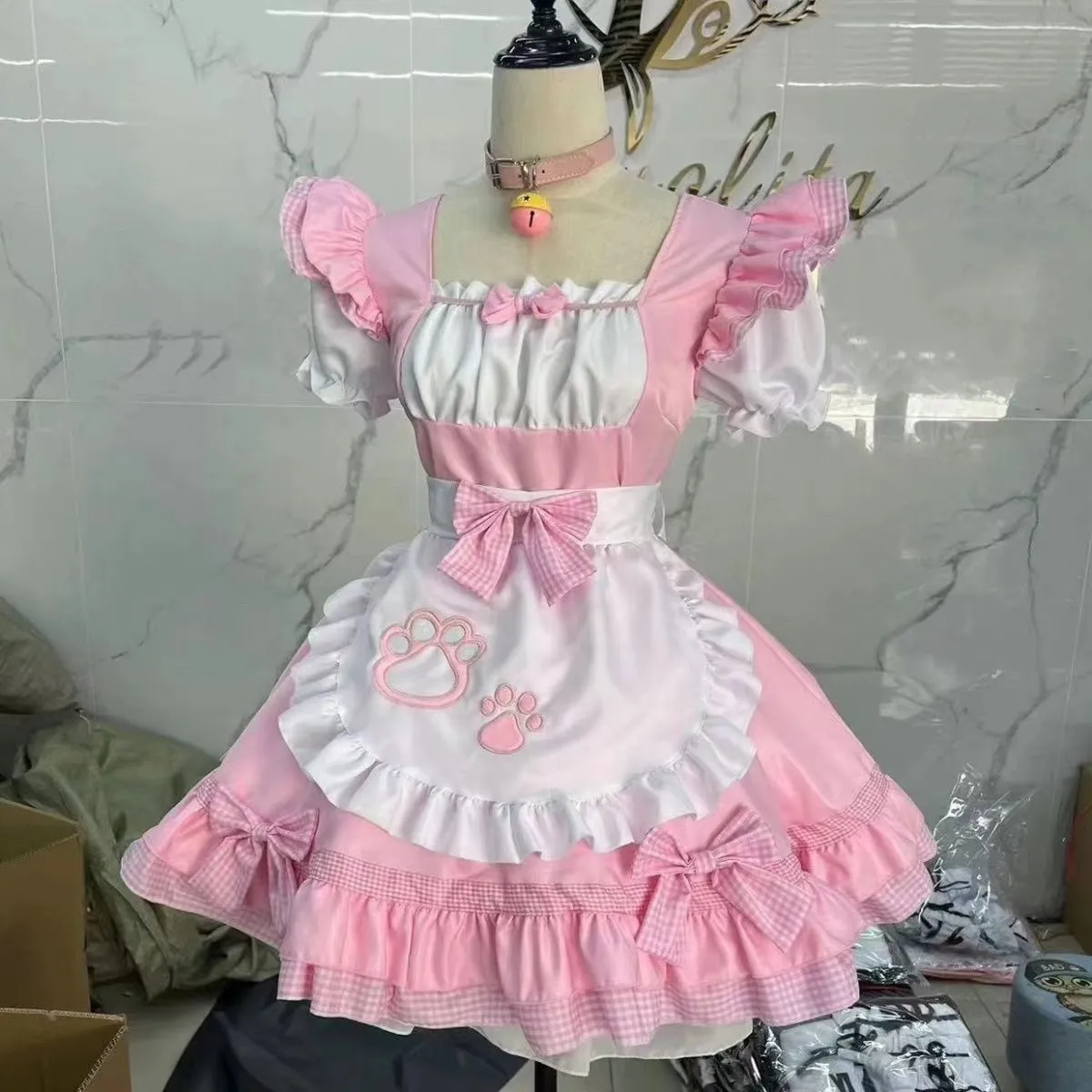 Dulce reina japonesa Lolita A-Line Mini vestido Blondewig Shortwig Haikyuu Exploit señoras encaje Trim Maid Cosplay uniforme manga 595