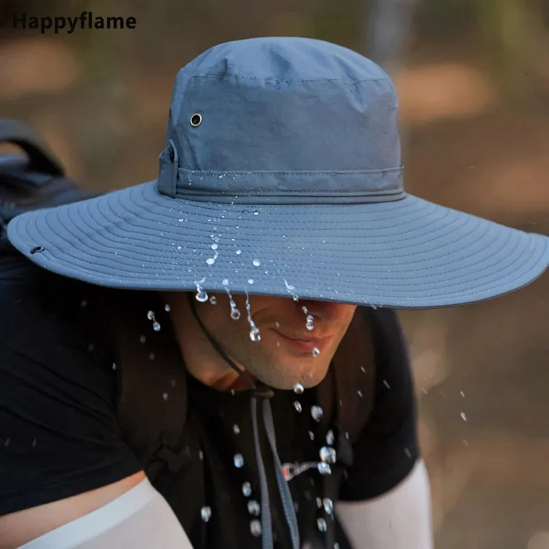 Mens Waterproof Fabric Mountaineering Hat Male AntiUV Sun Hats Outdoor Fishing Cap Wide Brim Caps Bucket Boonie Gorros 231228